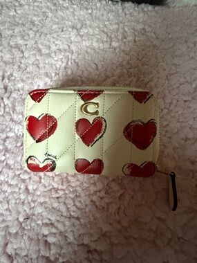 Coach Quilted Heart Zip Card Case Wallet - White and Red
